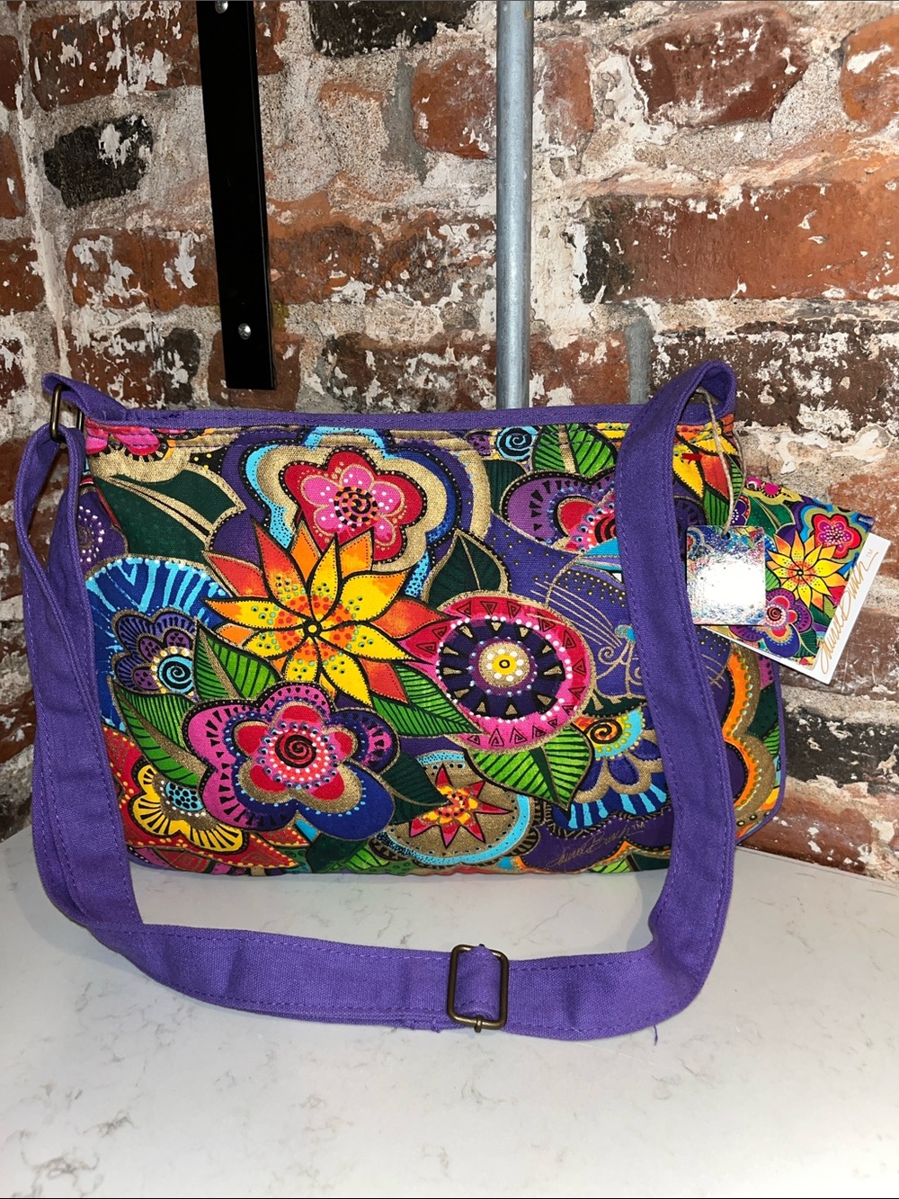Laurel Burch Multicolor Floral Crossbody with Purple Strap